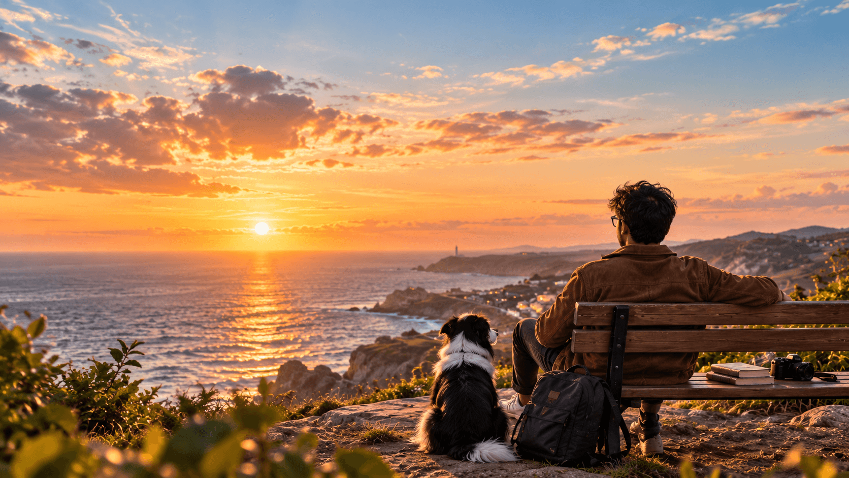 Person sitting on a bench overlooking the ocean sunset at dusk